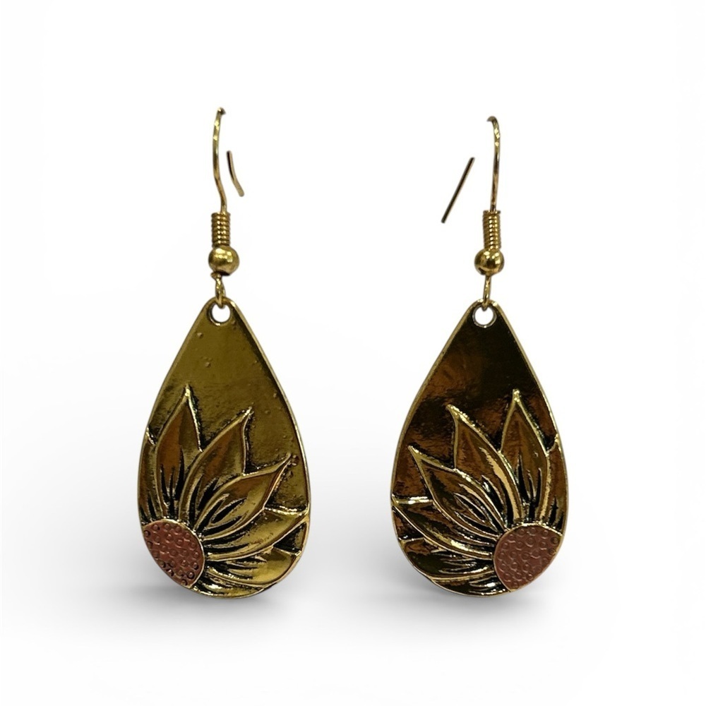 Gold Sunflower Teardrop Earrings